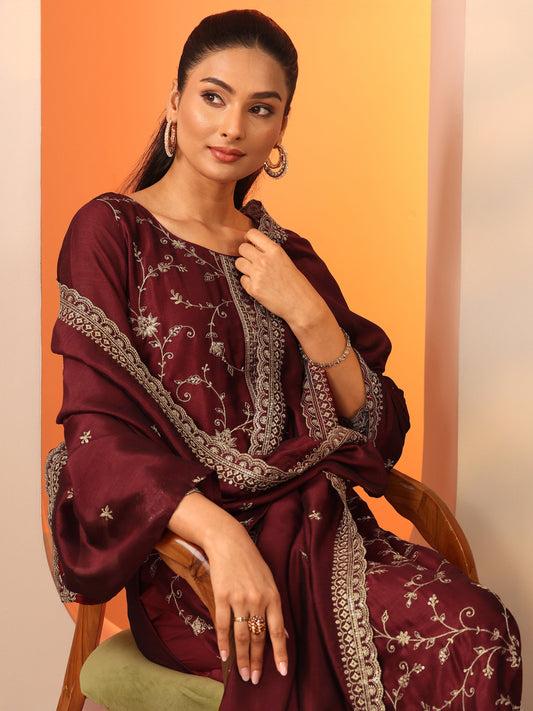 Maroon Embroidered Silk Blend Straight Suit Set With Dupatta