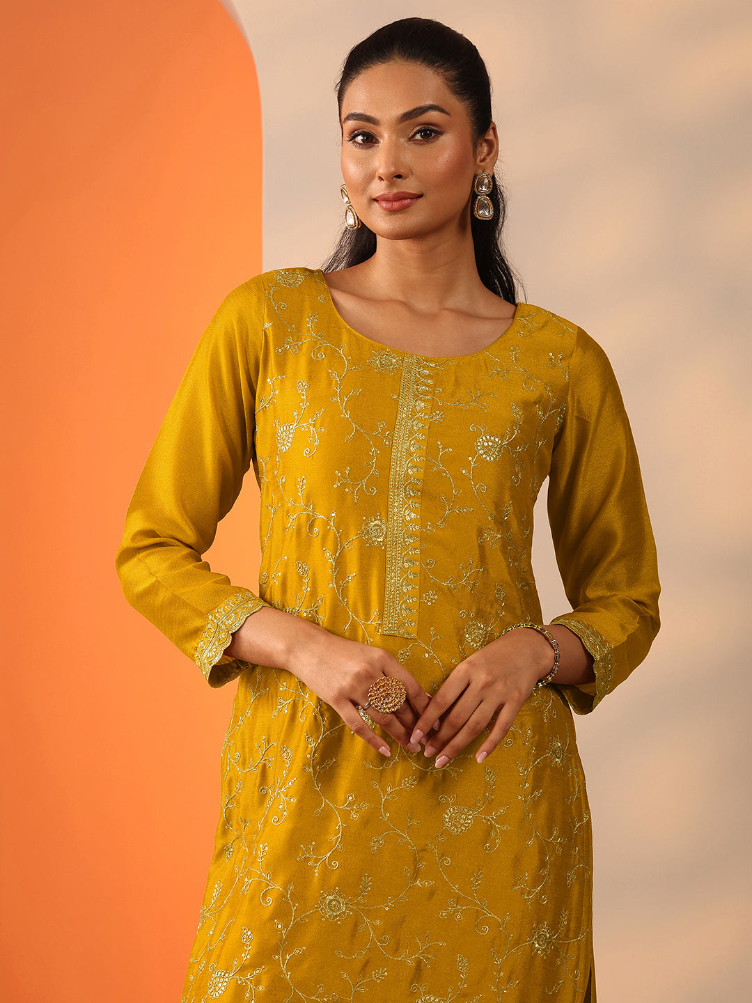 Mustard Embroidered Silk Blend Straight Suit Set With Dupatta