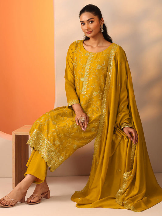 Mustard Embroidered Silk Blend Straight Suit Set With Dupatta