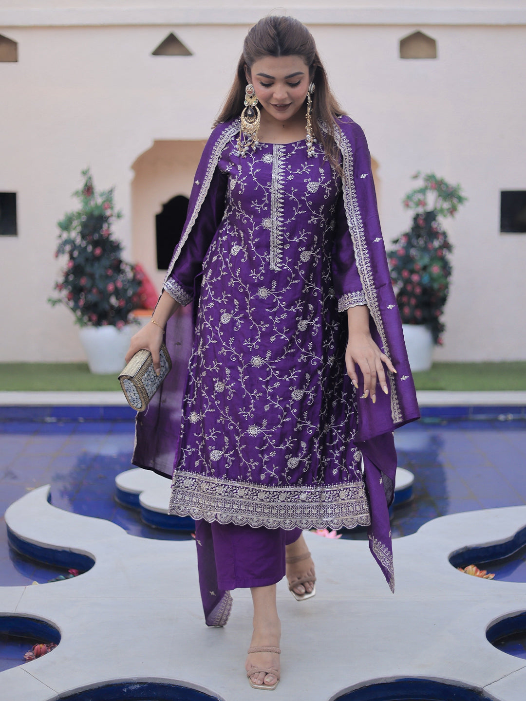 Purple Embroidered Silk Blend Straight Suit Set With Dupatta