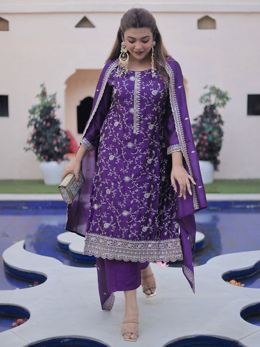 Purple Embroidered Silk Blend Straight Suit Set With Dupatta