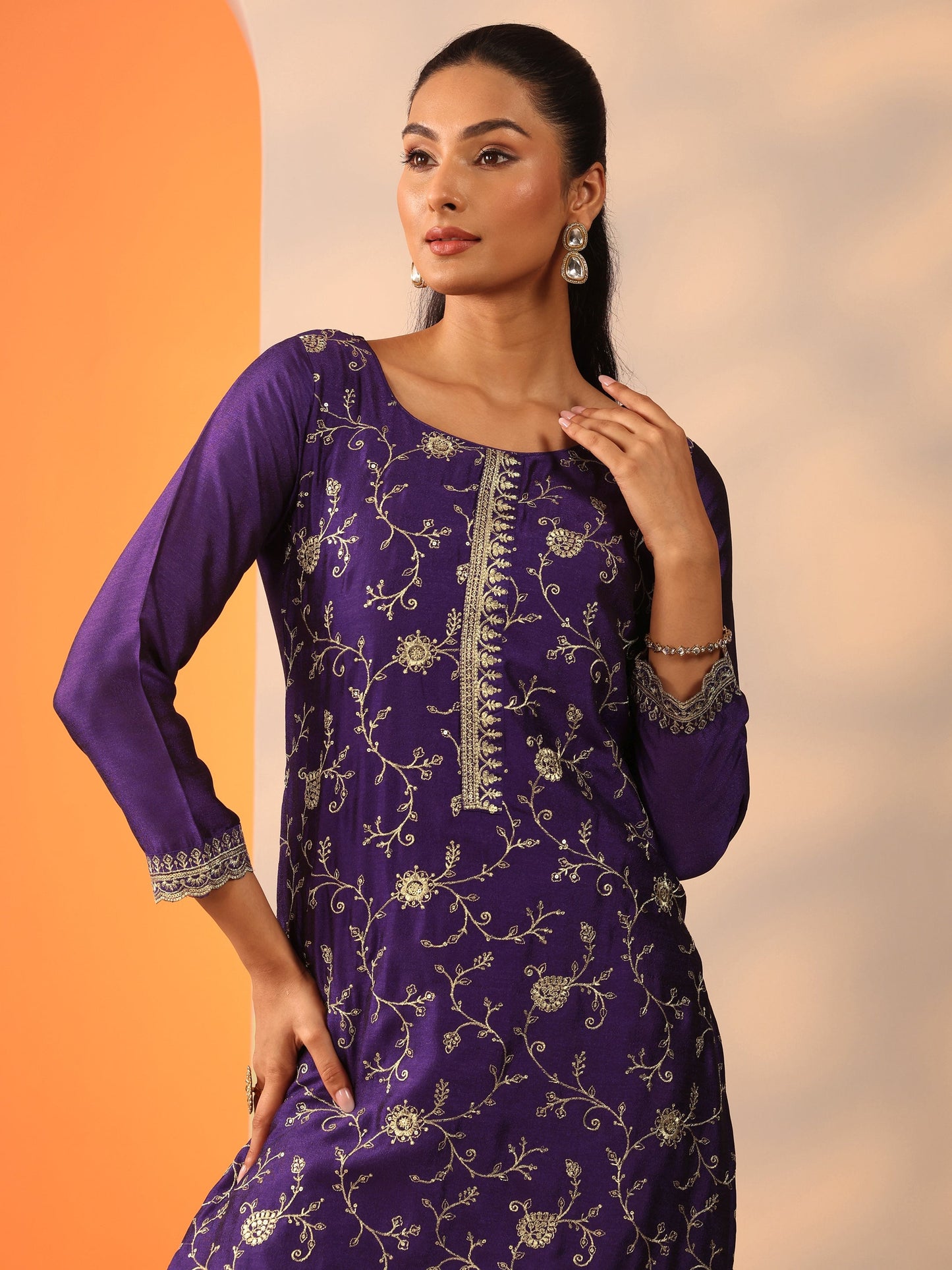 Purple Embroidered Silk Blend Straight Suit Set With Dupatta