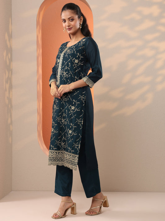 Teal Embroidered Silk Blend Straight Suit Set With Dupatta