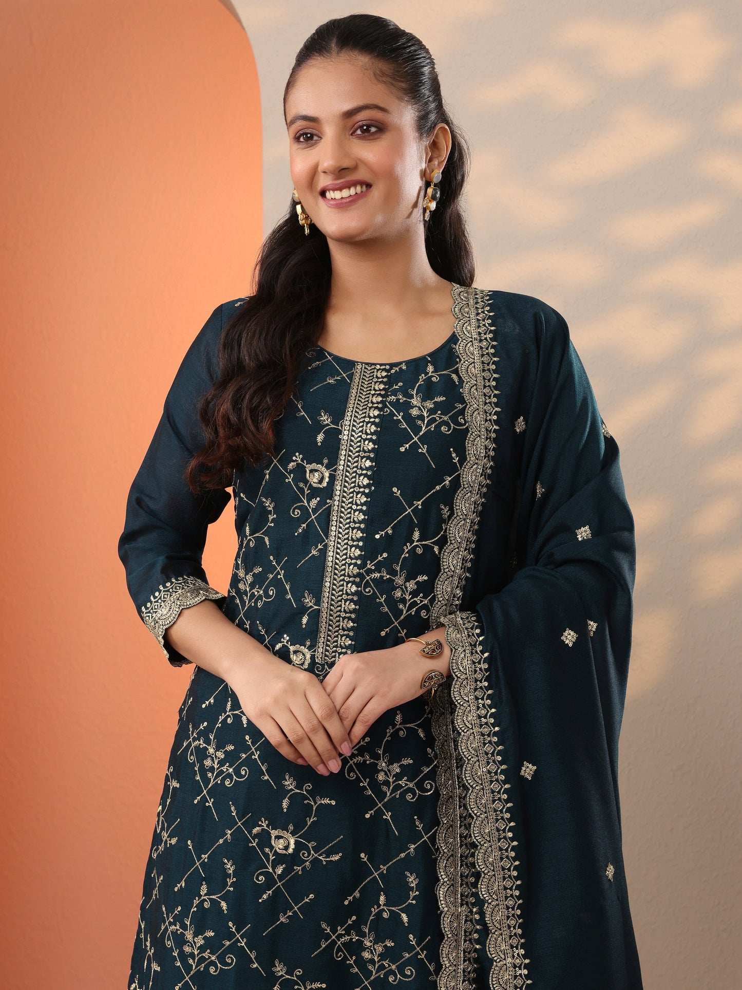 Teal Embroidered Silk Blend Straight Suit Set With Dupatta