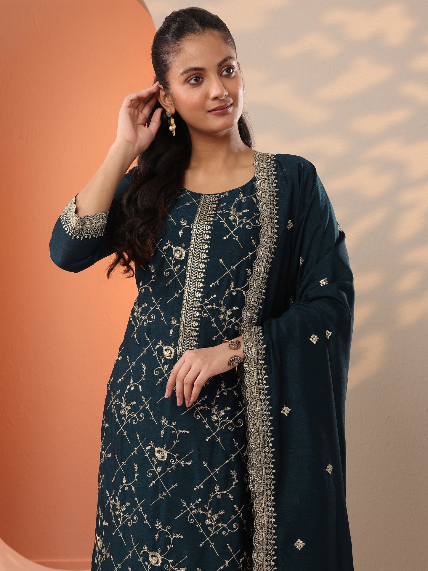 Teal Embroidered Silk Blend Straight Suit Set With Dupatta