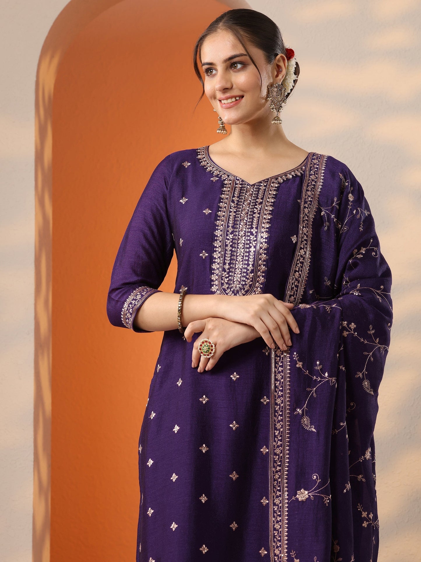 Purple Embroidered Silk Blend Straight Suit Set With Dupatta