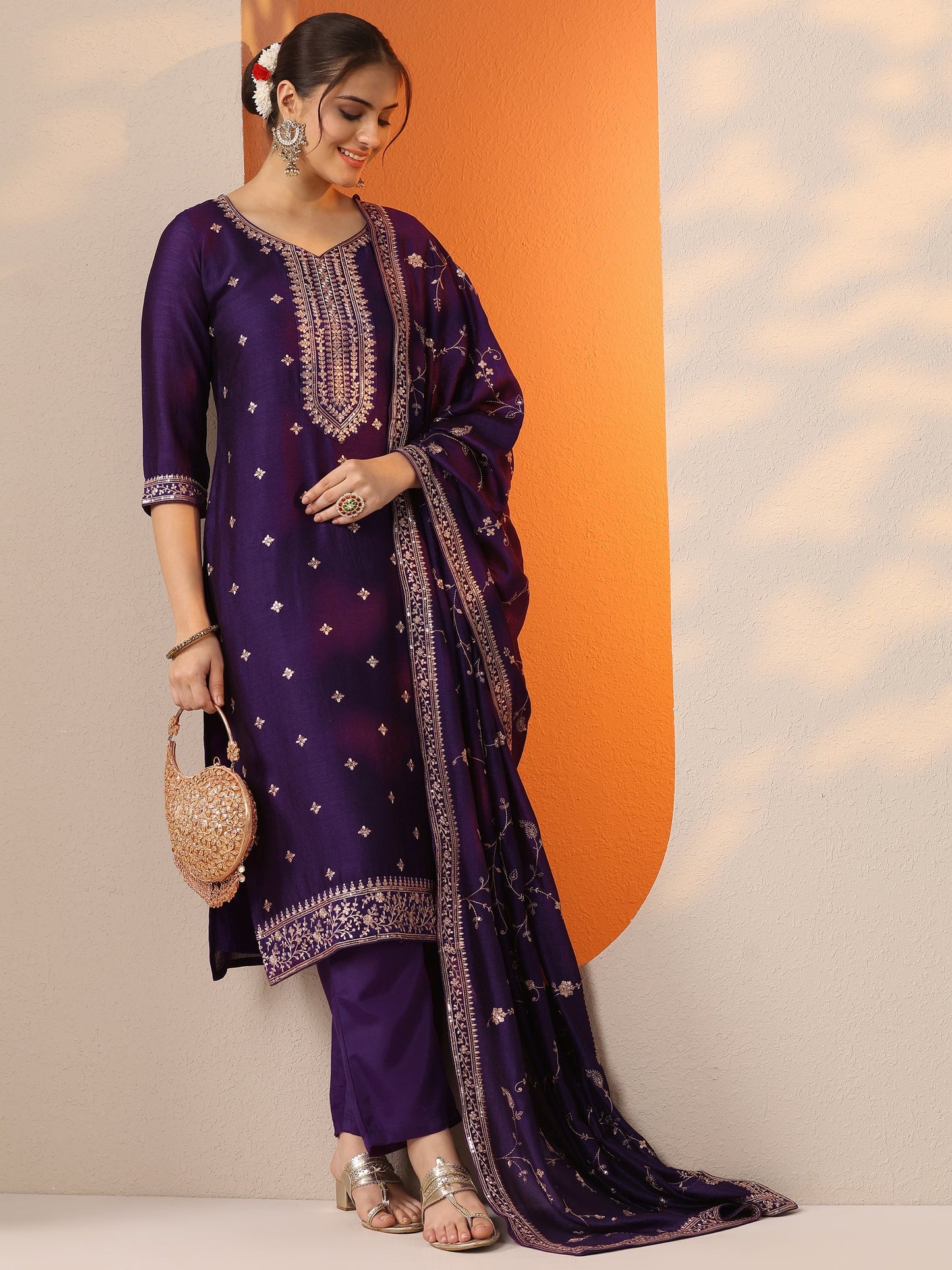 Purple Embroidered Silk Blend Straight Suit Set With Dupatta