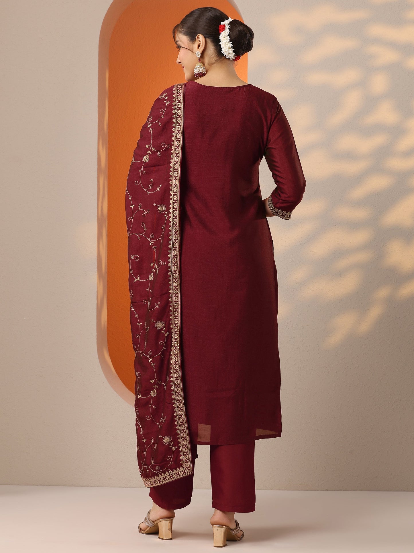 Maroon Embroidered Silk Blend Straight Suit Set With Dupatta