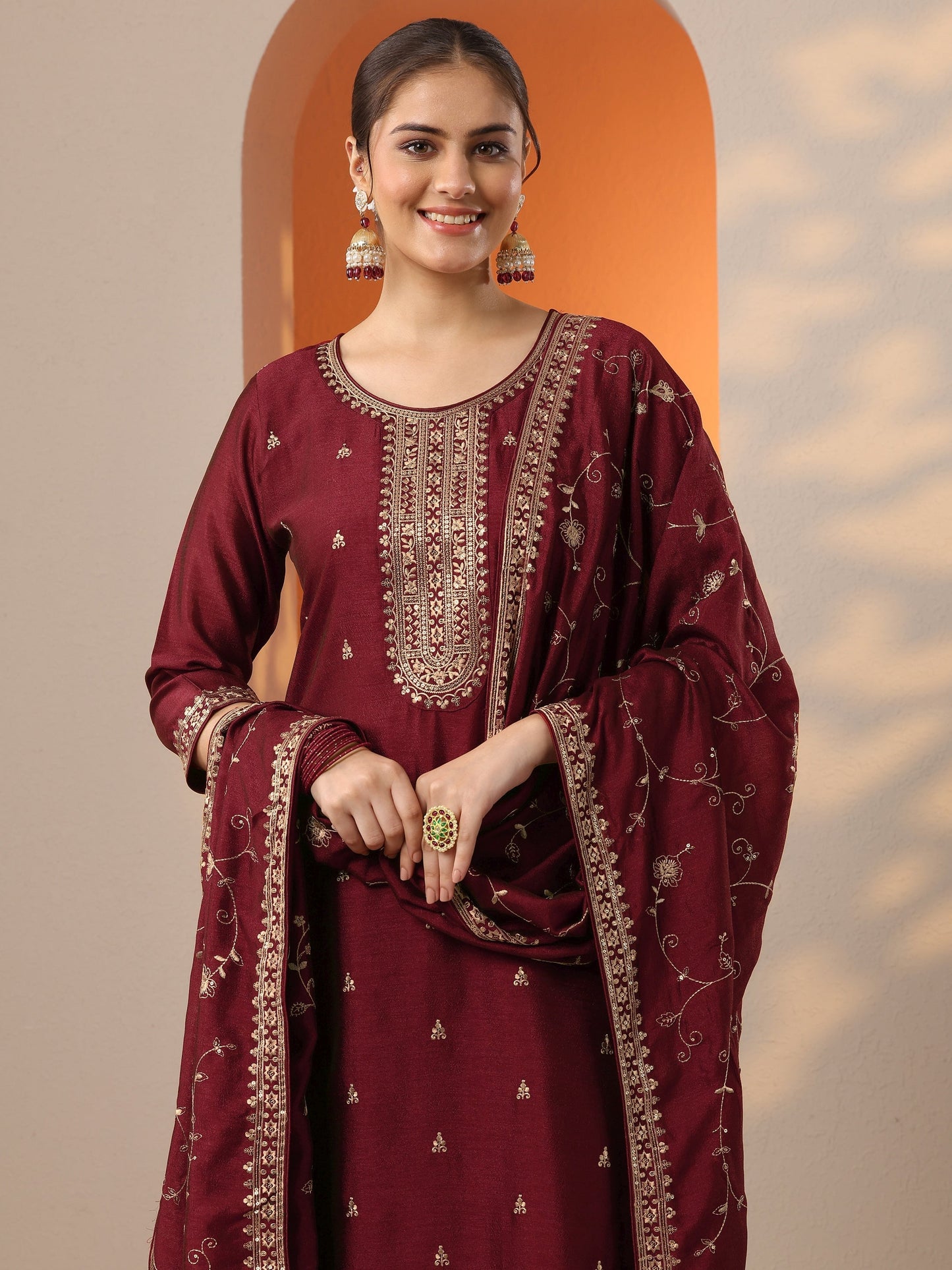Maroon Embroidered Silk Blend Straight Suit Set With Dupatta