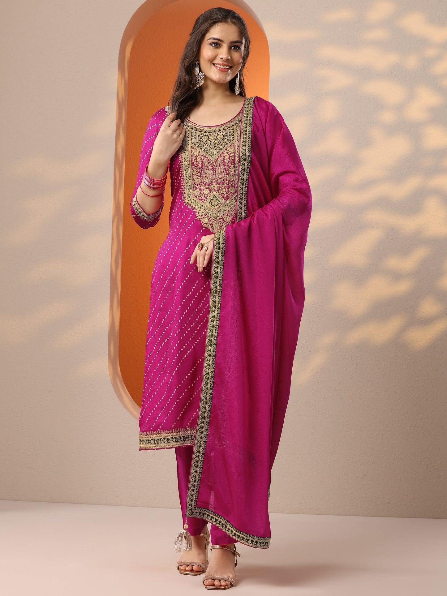 Pink Printed Silk Blend Straight Suit Set With Dupatta