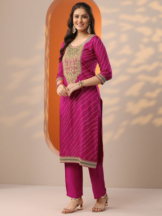 Pink Printed Silk Blend Straight Suit Set With Dupatta