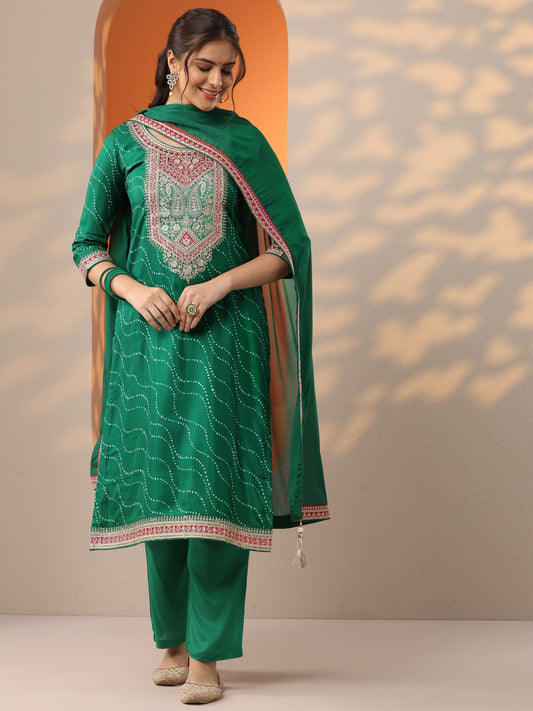 Green Printed Silk Blend Straight Suit Set With Dupatta