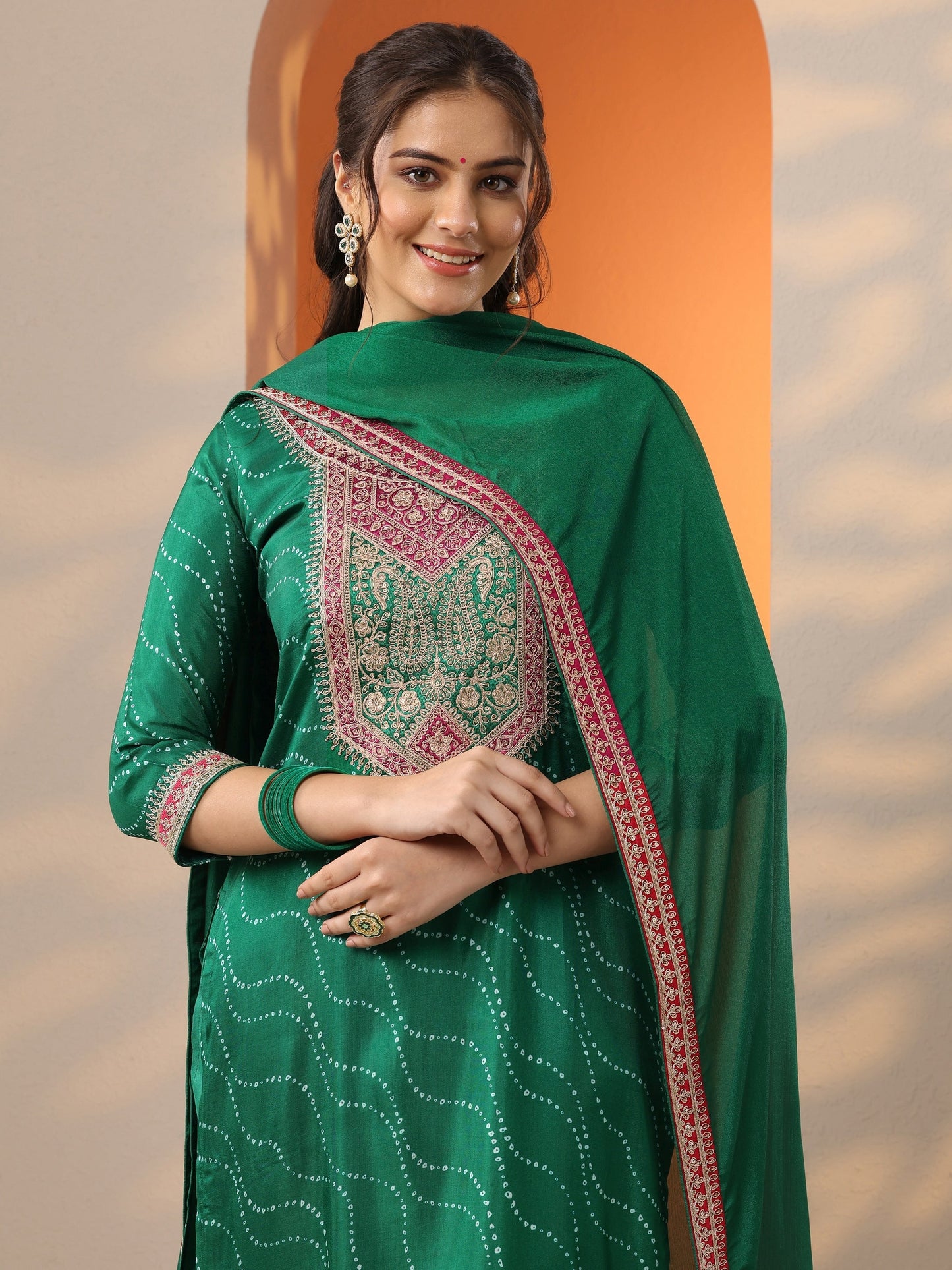 Green Printed Silk Blend Straight Suit Set With Dupatta