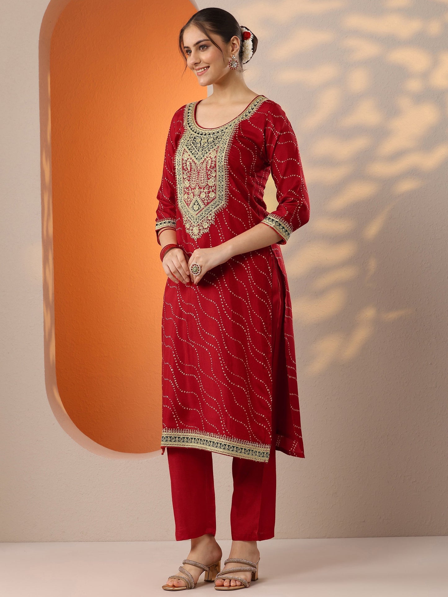 Red Printed Silk Blend Straight Suit Set With Dupatta