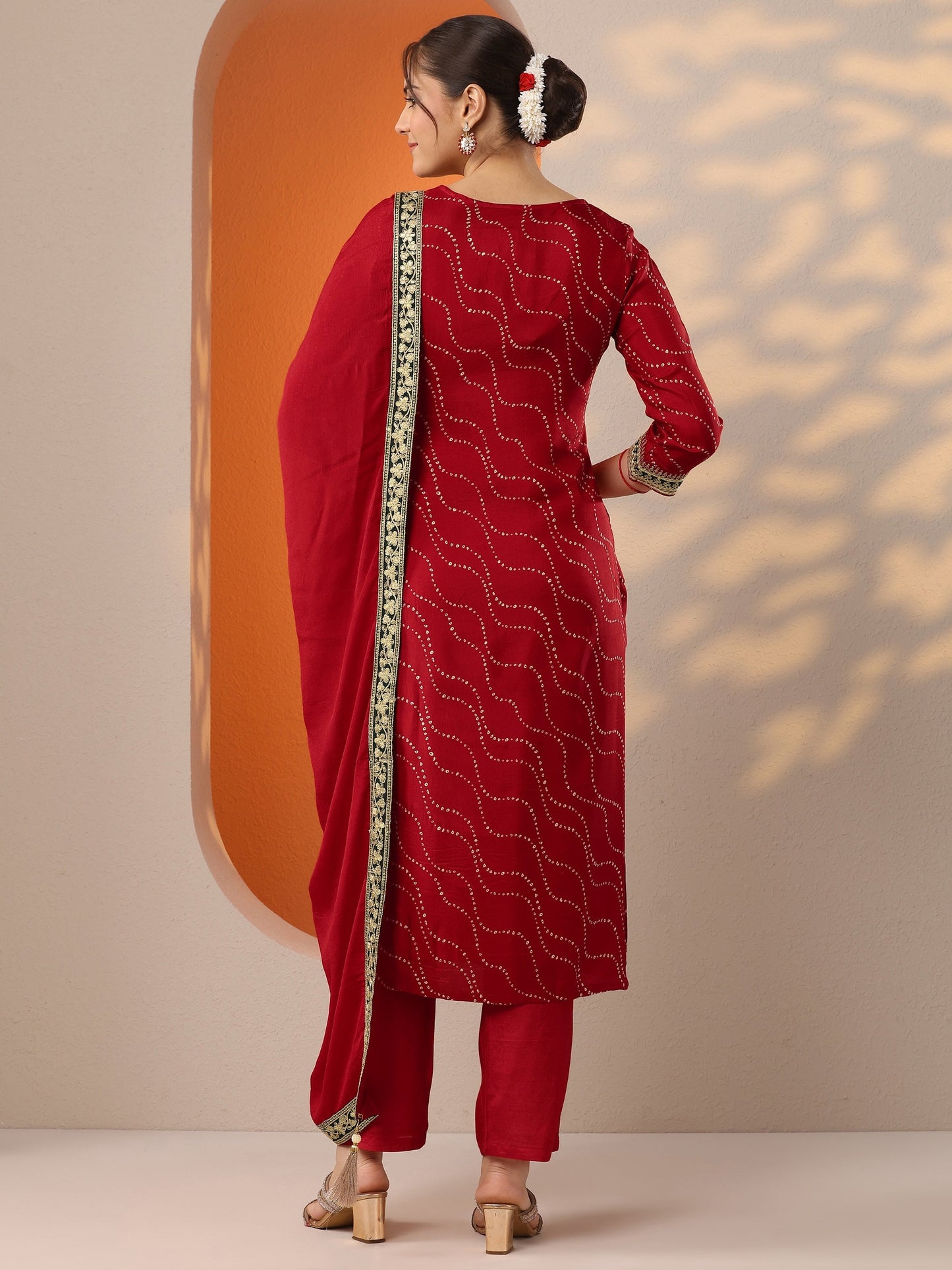 Red Printed Silk Blend Straight Suit Set With Dupatta