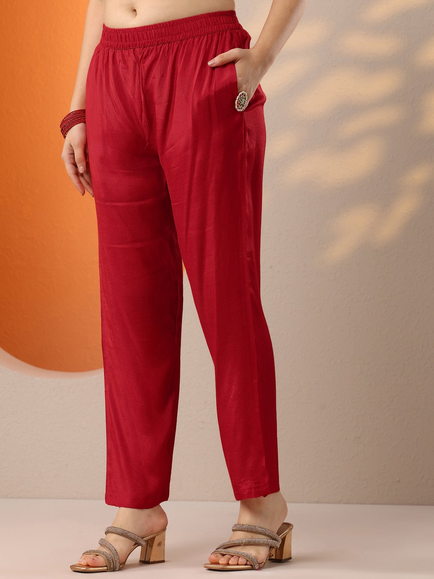 Red Printed Silk Blend Straight Suit Set With Dupatta