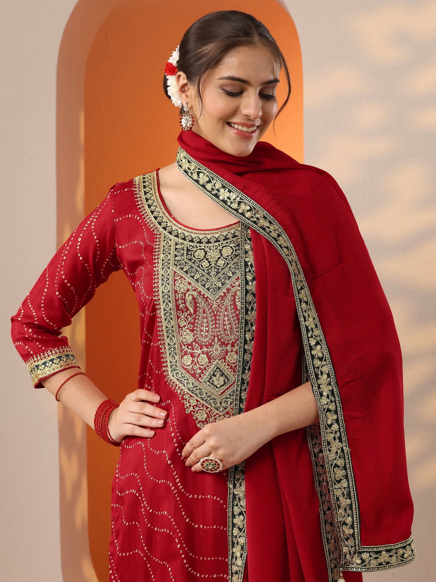 Red Printed Silk Blend Straight Suit Set With Dupatta