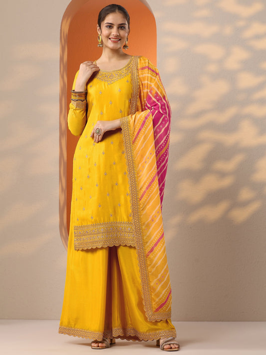 Yellow Embroidered Chinon Straight Suit Set With Dupatta