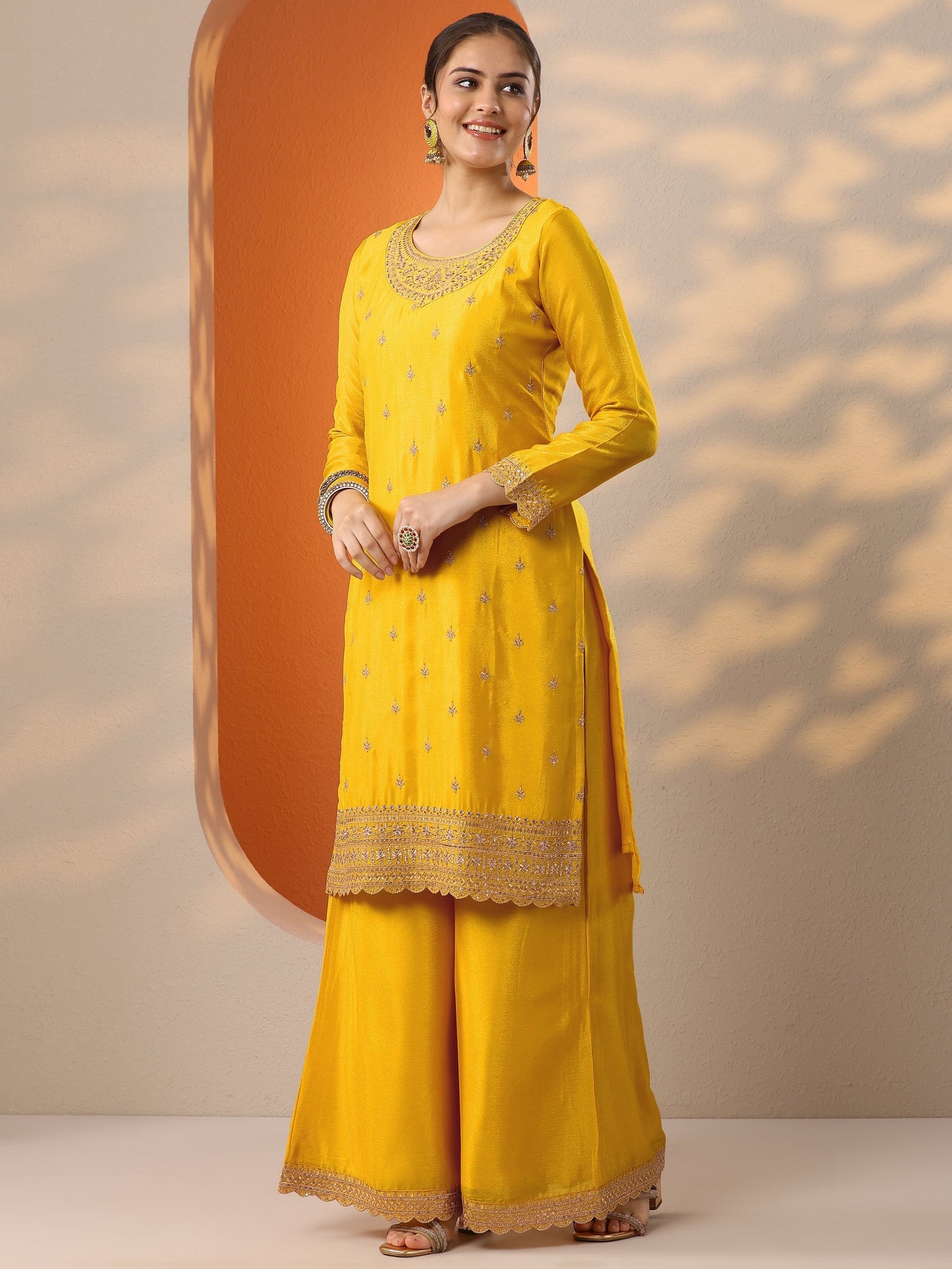 Yellow Embroidered Chinon Straight Suit Set With Dupatta