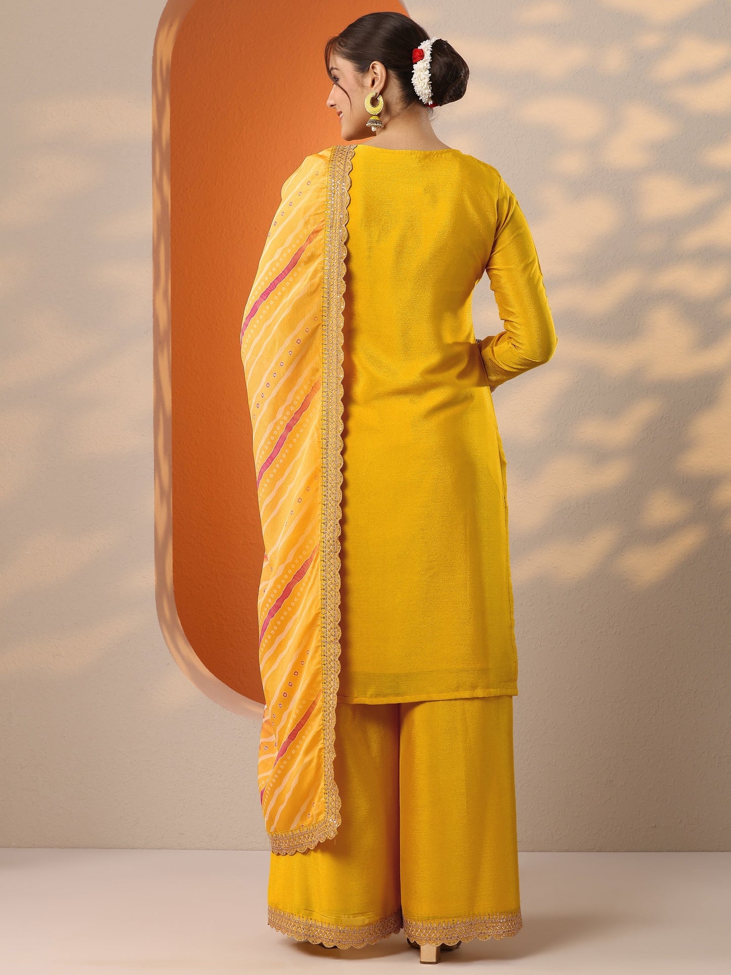 Yellow Embroidered Chinon Straight Suit Set With Dupatta