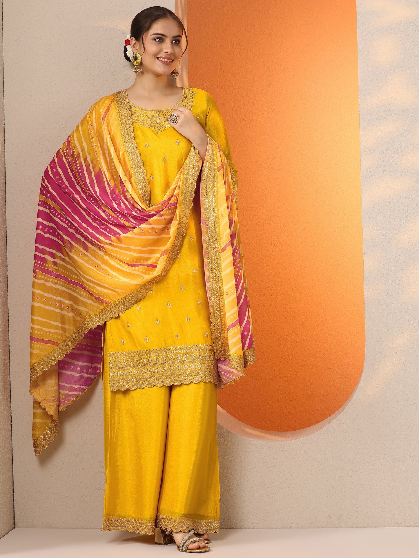 Yellow Embroidered Chinon Straight Suit Set With Dupatta