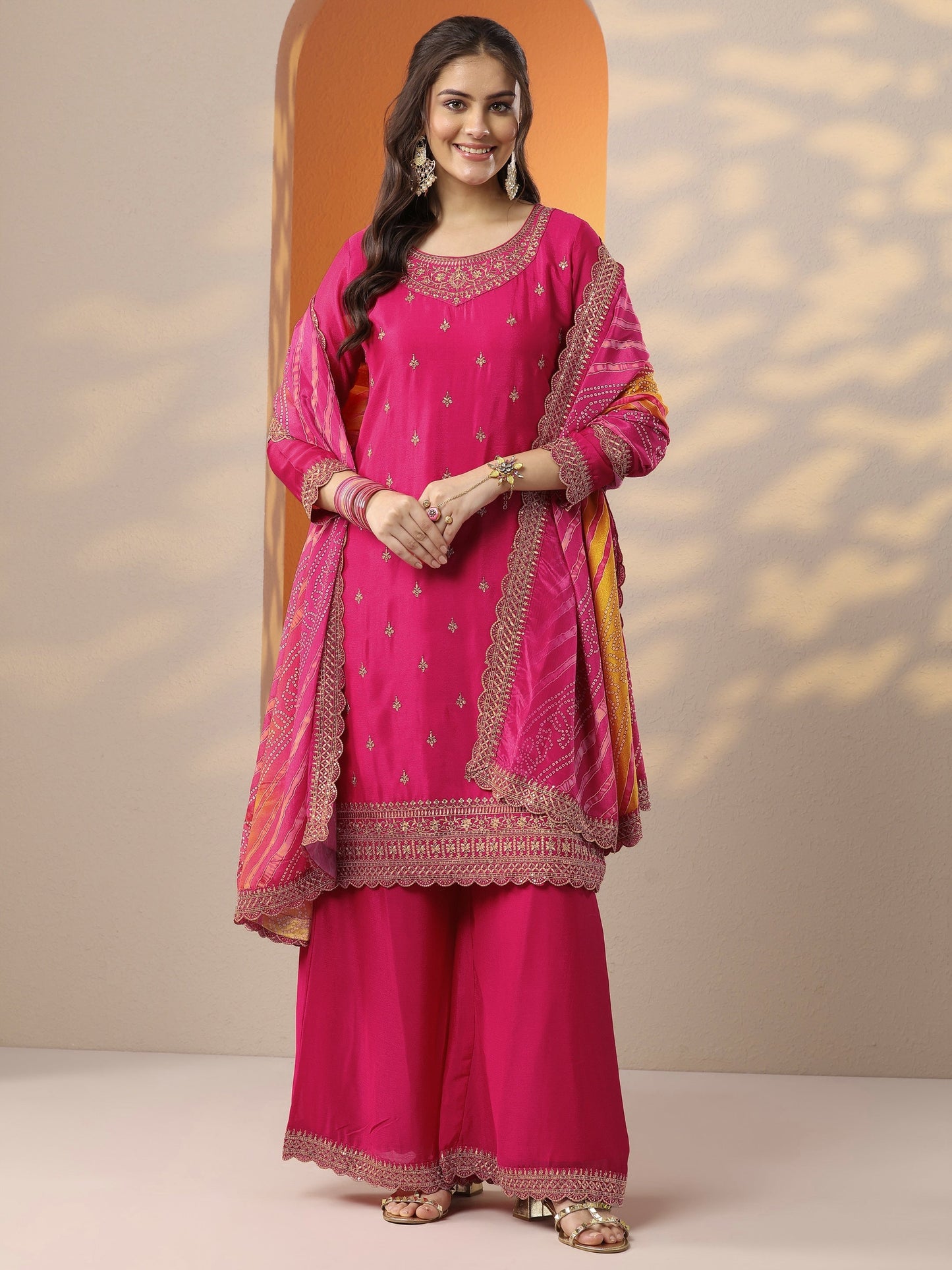 Pink Embroidered Chinon Straight Suit Set With Dupatta
