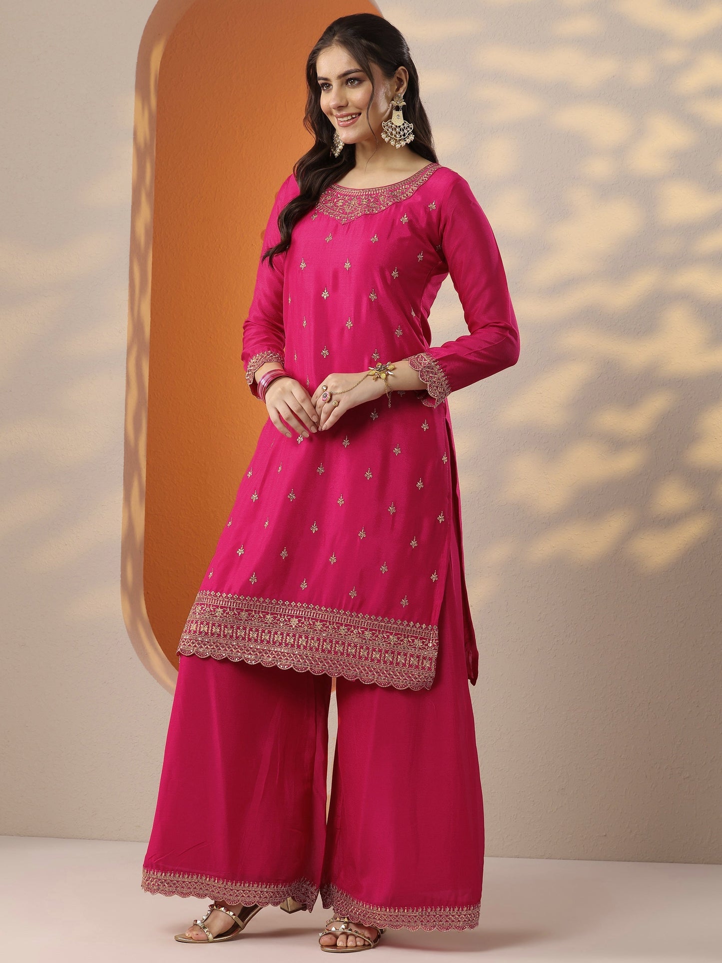 Pink Embroidered Chinon Straight Suit Set With Dupatta