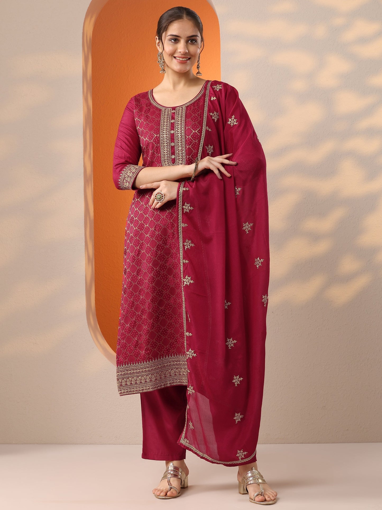 Pink Woven Design Silk Blend Straight Suit Set With Dupatta