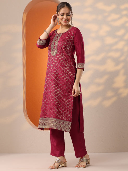 Pink Woven Design Silk Blend Straight Suit Set With Dupatta