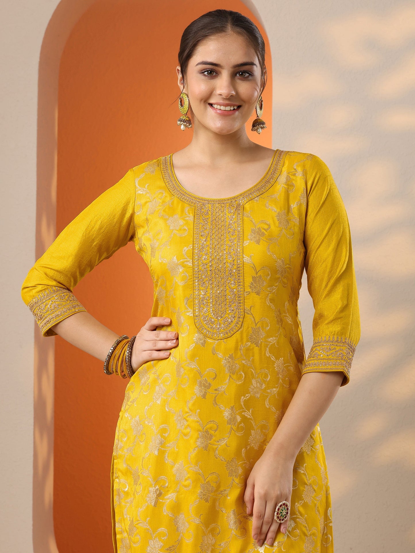 Yellow Woven Design Silk Blend Straight Suit Set With Dupatta
