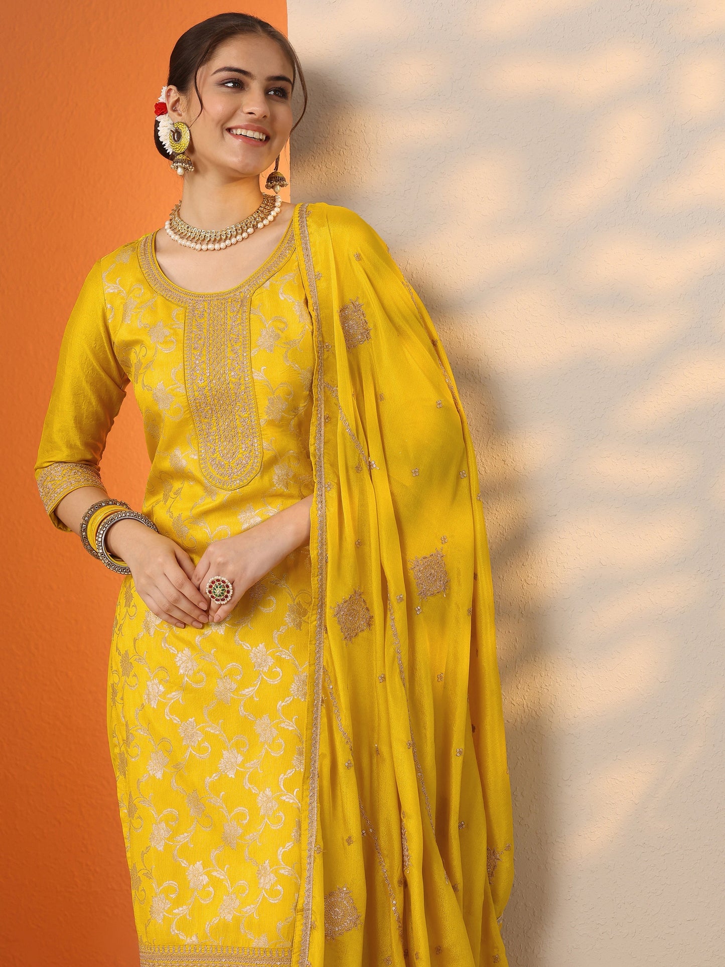 Yellow Woven Design Silk Blend Straight Suit Set With Dupatta