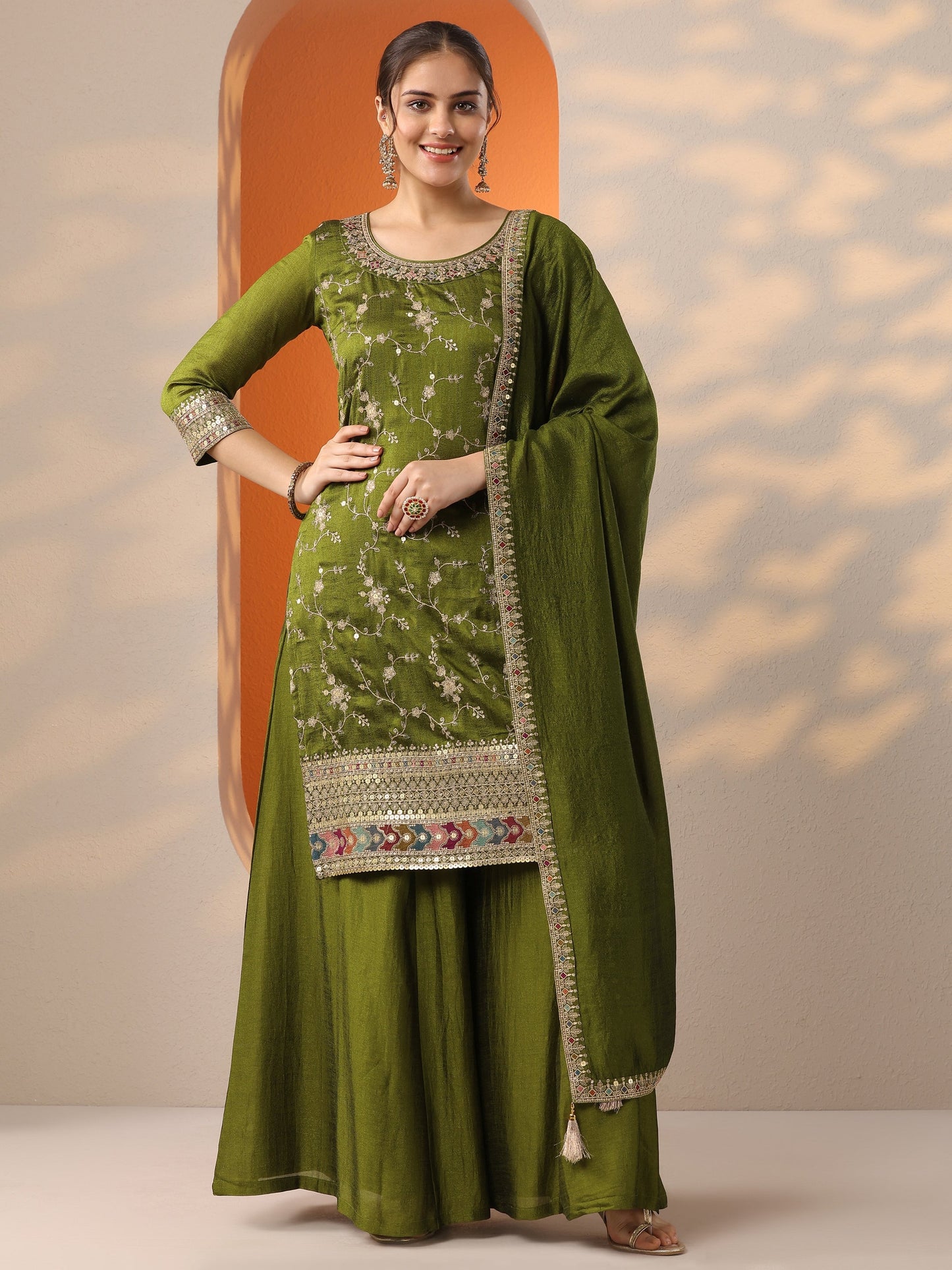 Olive Embroidered Silk Blend Straight Suit Set With Dupatta