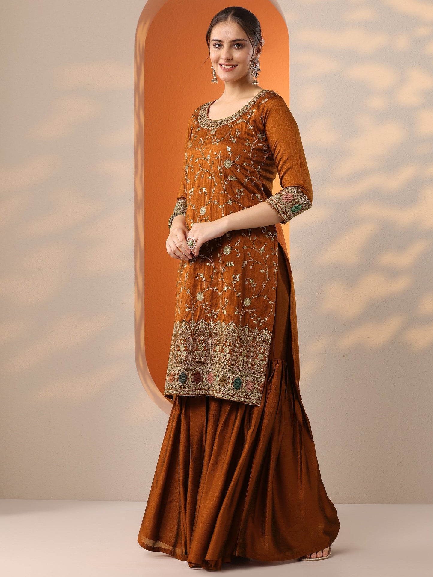 Rust Embroidered Silk Blend Straight Suit Set With Dupatta