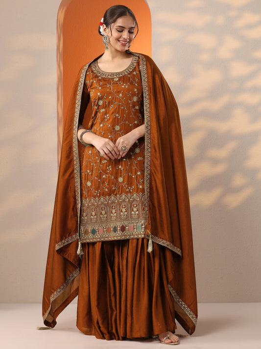 Rust Embroidered Silk Blend Straight Suit Set With Dupatta
