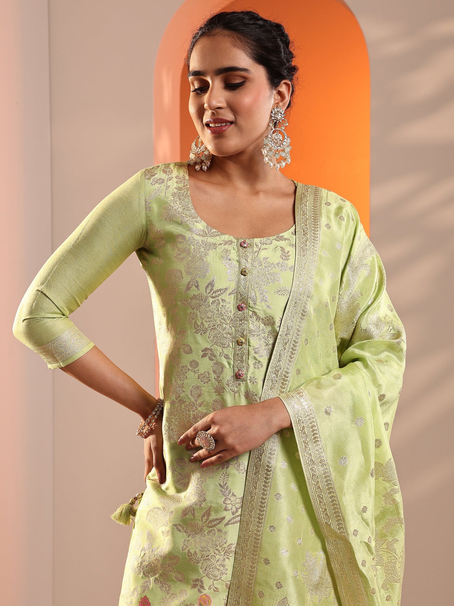 Green Woven Design Silk Blend Straight Suit Set With Dupatta