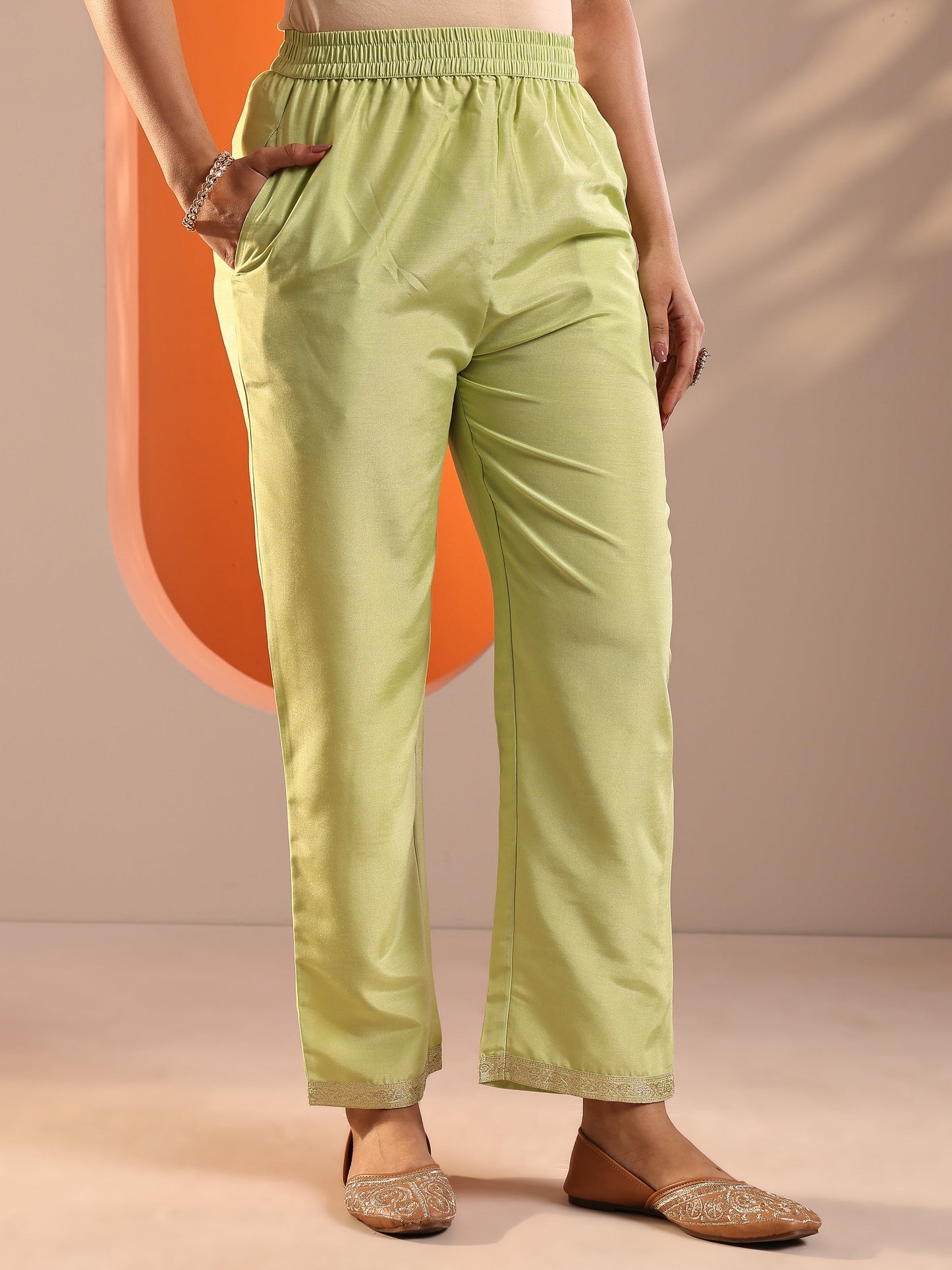 Green Woven Design Silk Blend Straight Suit Set With Dupatta