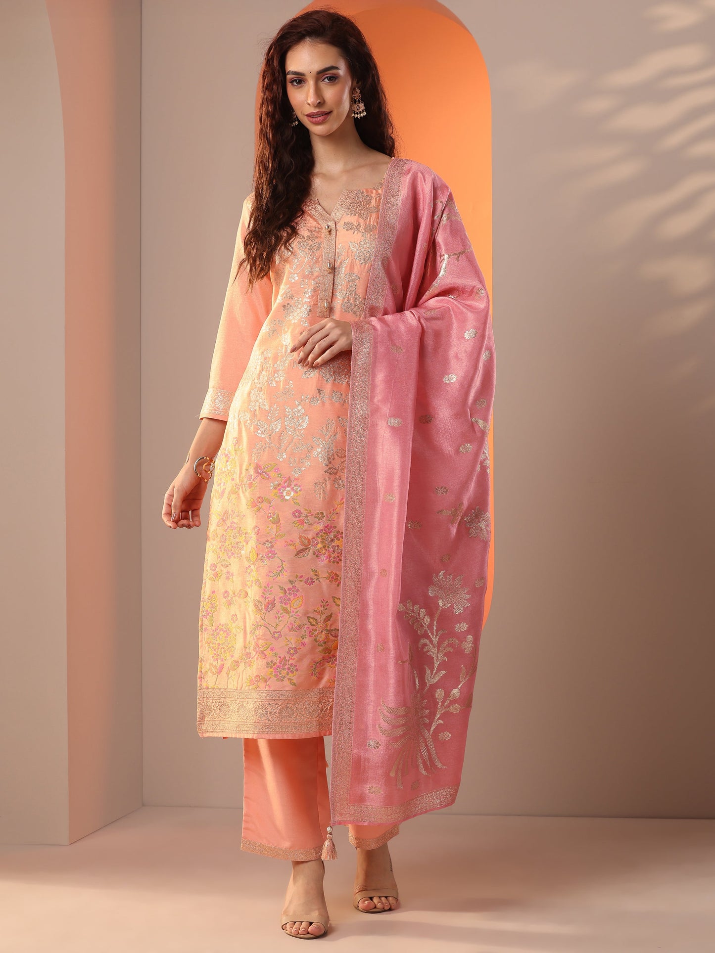 Peach Woven Design Silk Blend Straight Suit Set With Dupatta