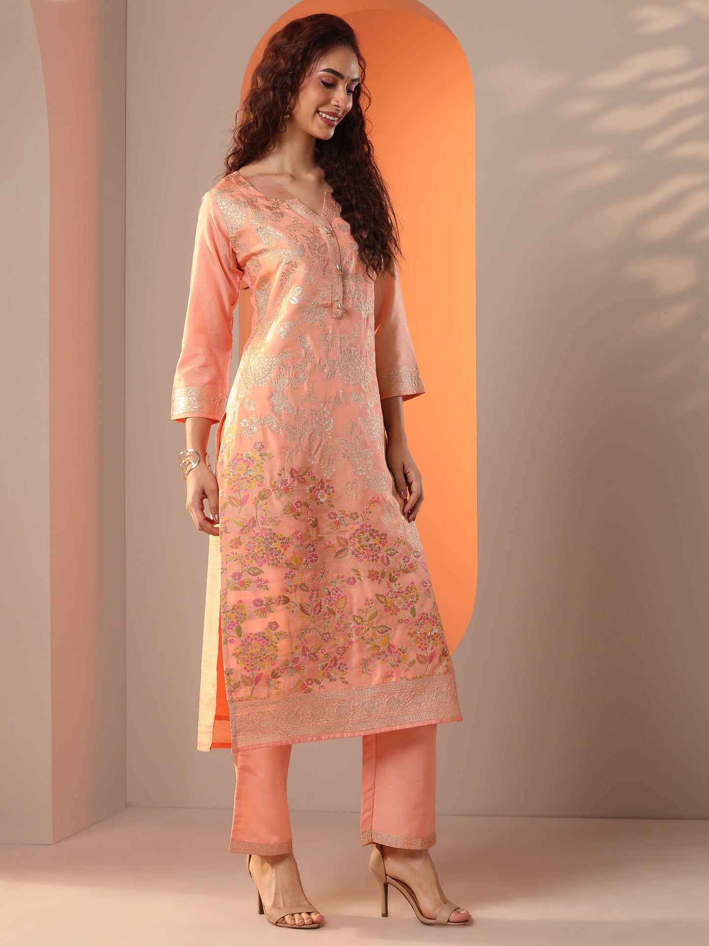 Peach Woven Design Silk Blend Straight Suit Set With Dupatta