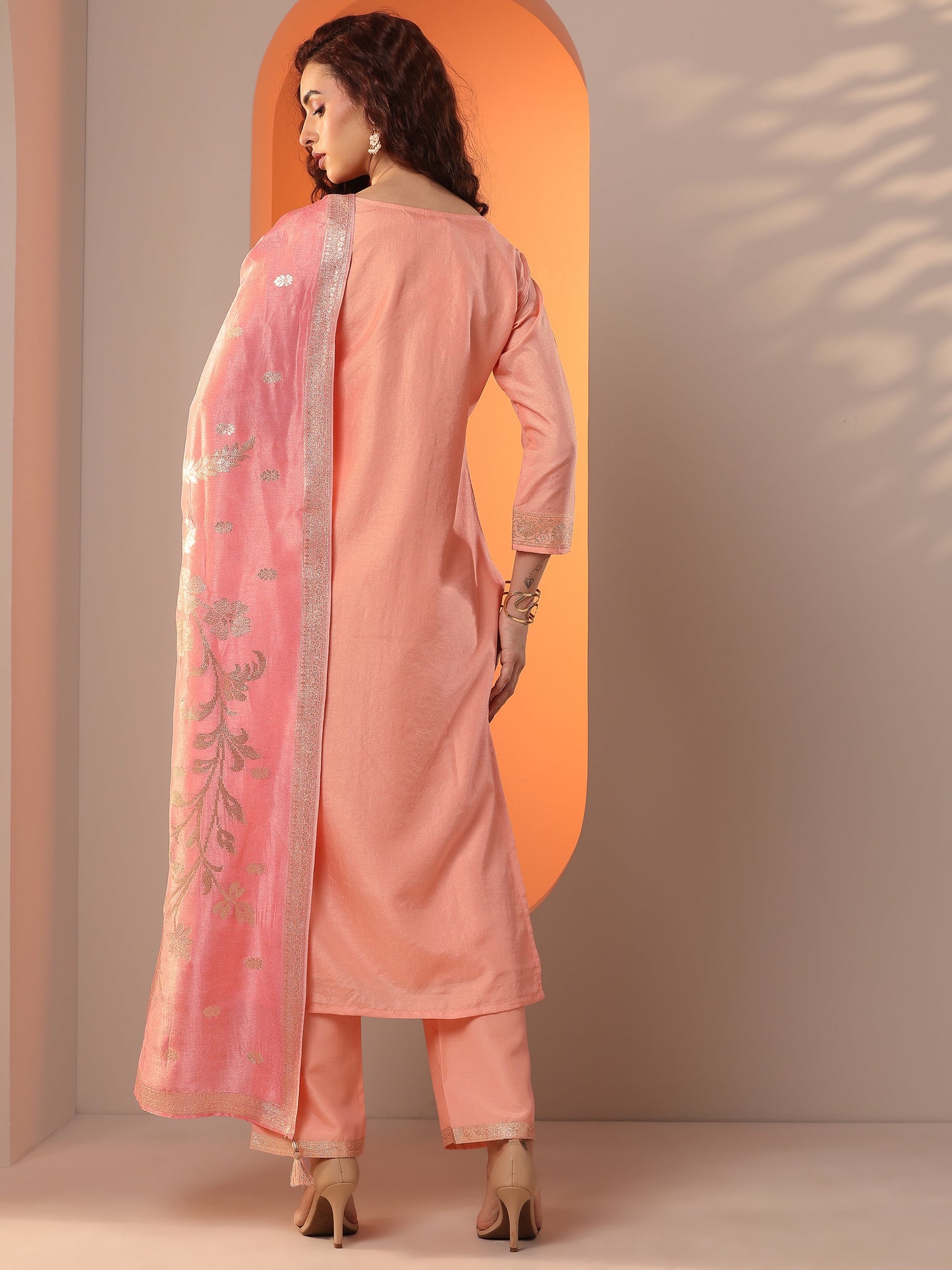 Peach Woven Design Silk Blend Straight Suit Set With Dupatta