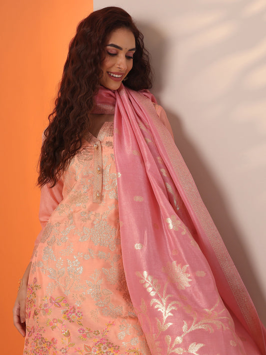 Peach Woven Design Silk Blend Straight Suit Set With Dupatta