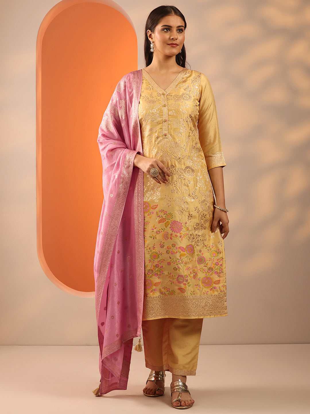 Yellow Woven Design Silk Blend Straight Suit Set With Dupatta