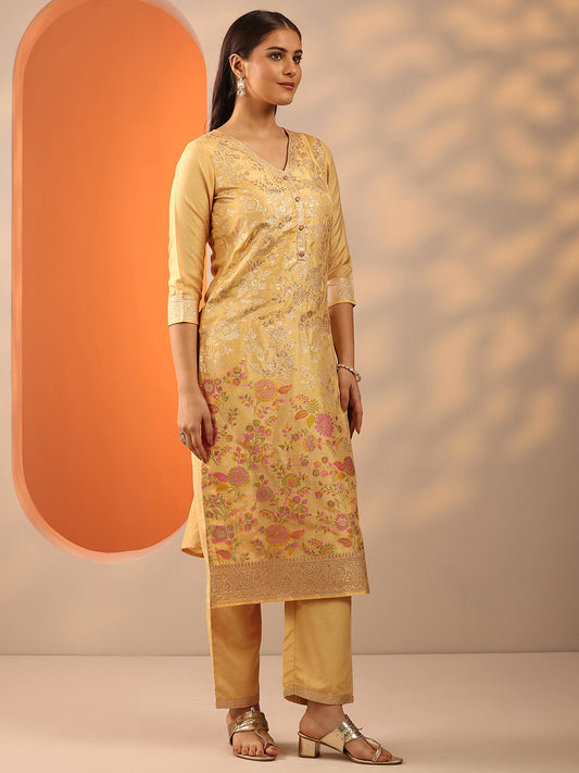 Yellow Woven Design Silk Blend Straight Suit Set With Dupatta