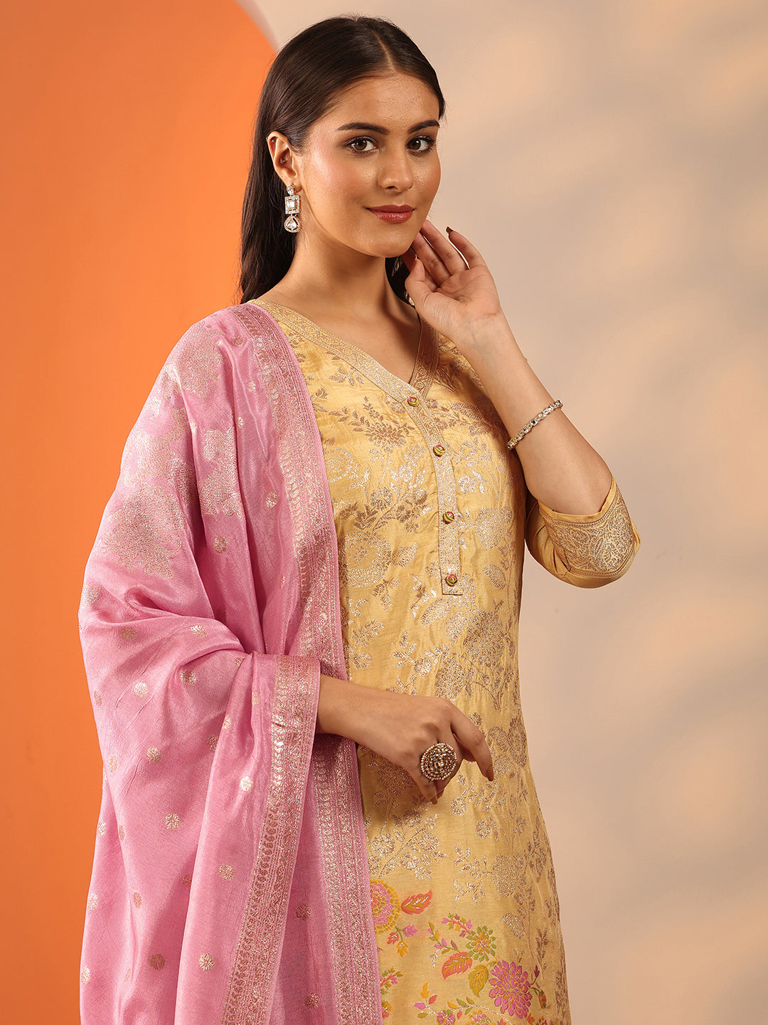 Yellow Woven Design Silk Blend Straight Suit Set With Dupatta
