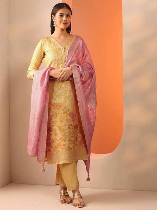 Yellow Woven Design Silk Blend Straight Suit Set With Dupatta