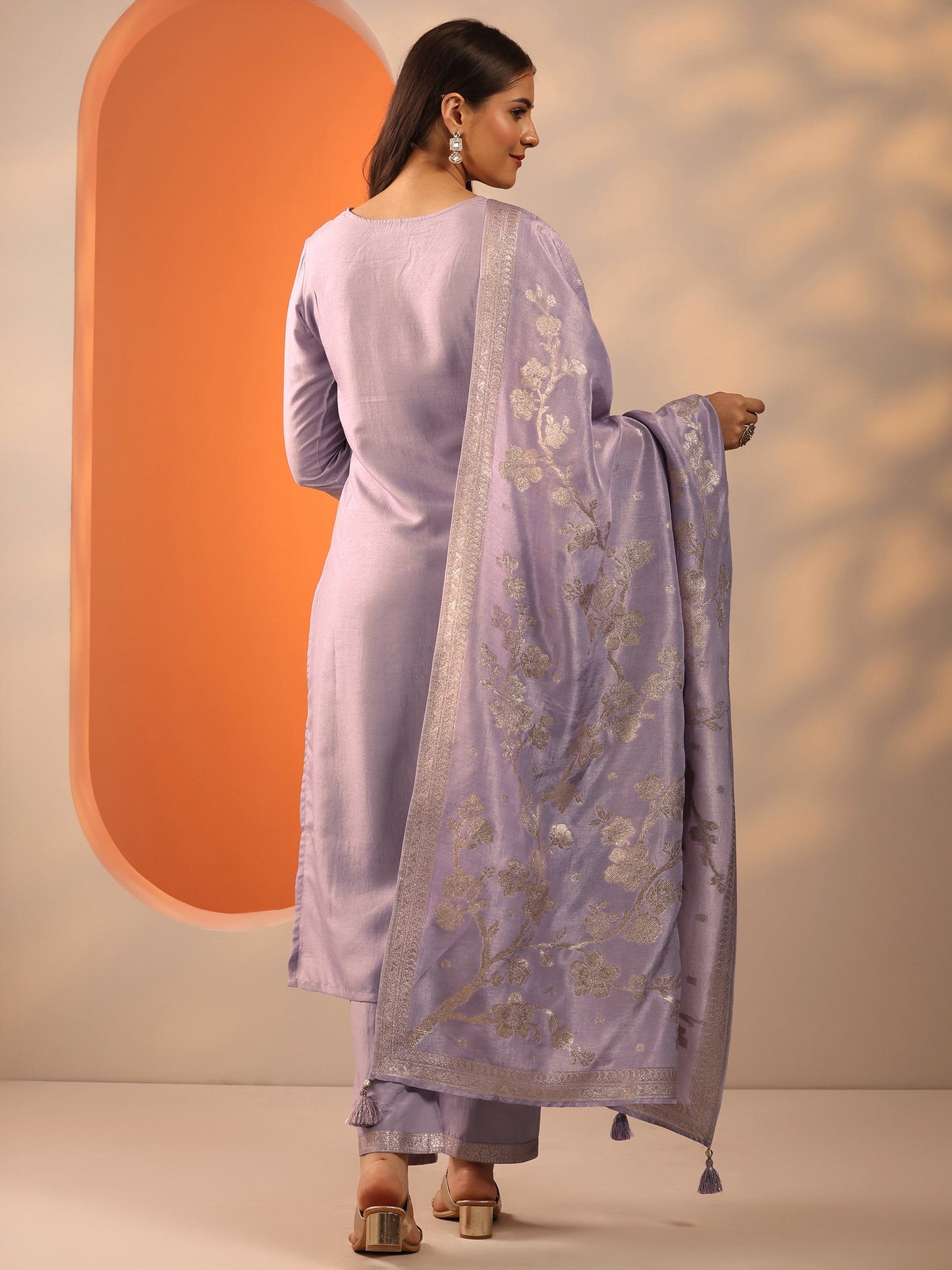 Lavender Woven Design Silk Blend Straight Suit Set With Dupatta