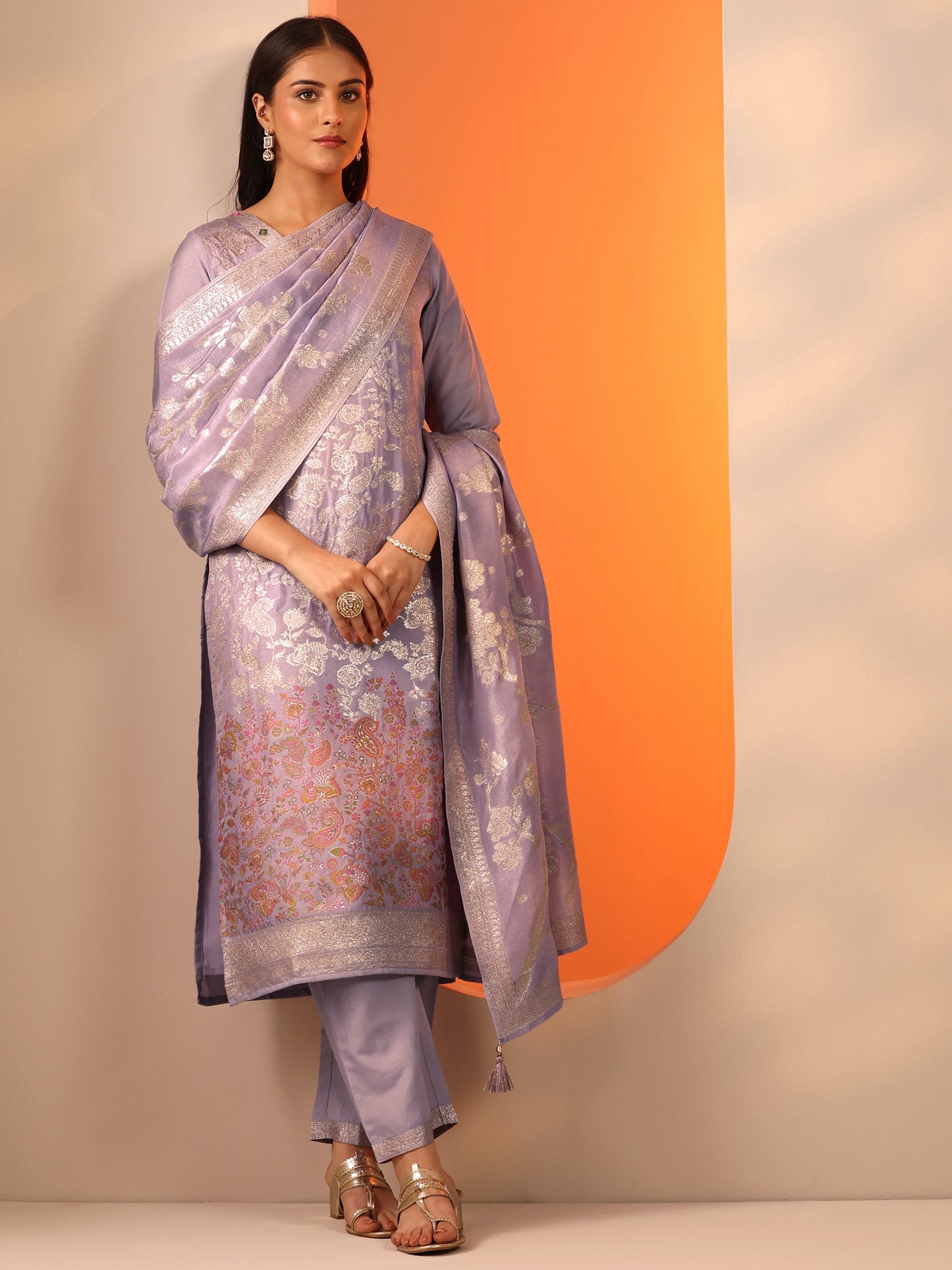 Lavender Woven Design Silk Blend Straight Suit Set With Dupatta