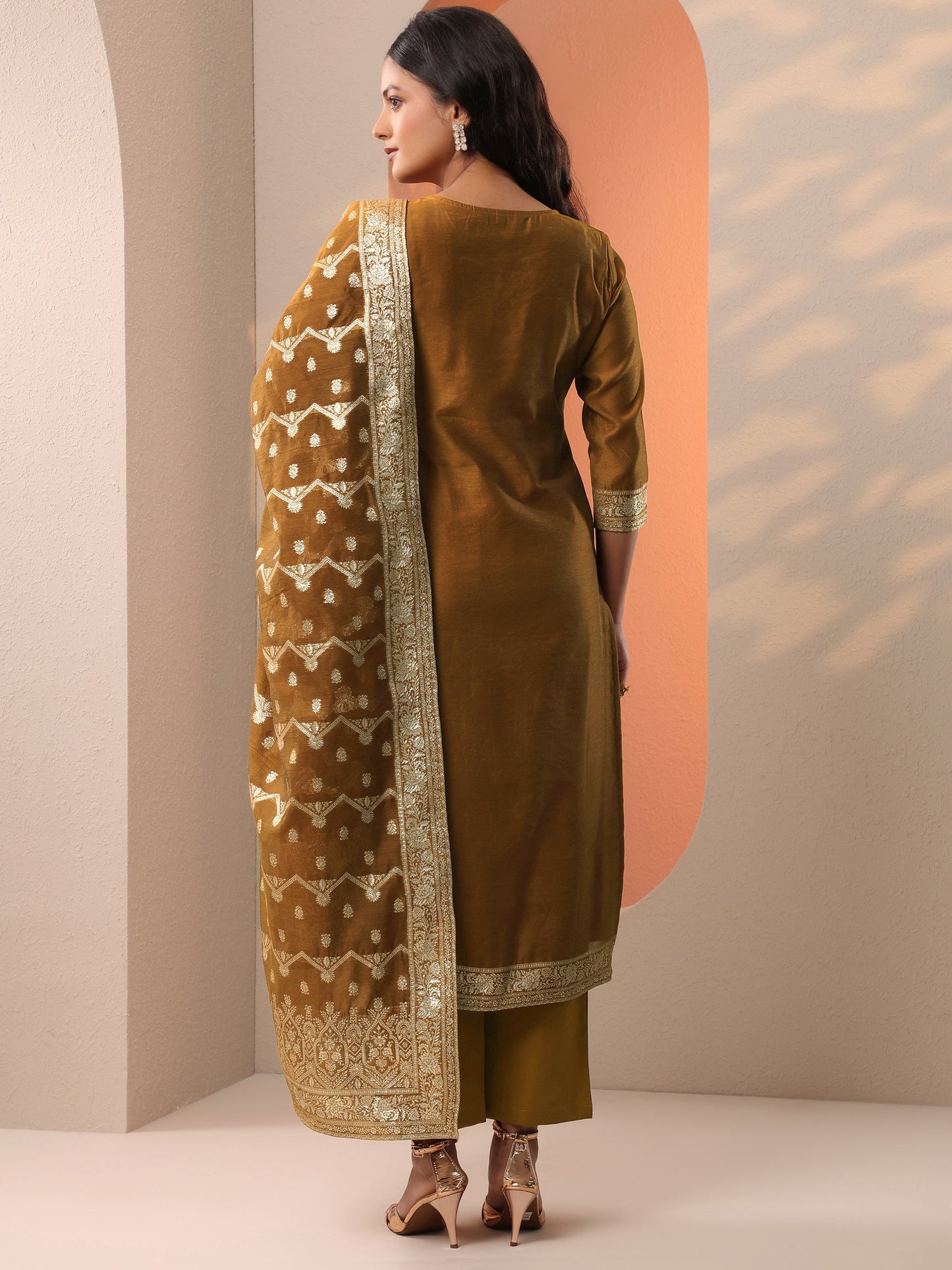 Bronze Woven Design Silk Blend Straight Suit Set With Dupatta
