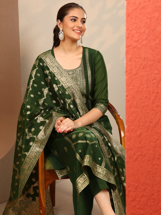 Green Woven Design Silk Blend Straight Suit Set With Dupatta