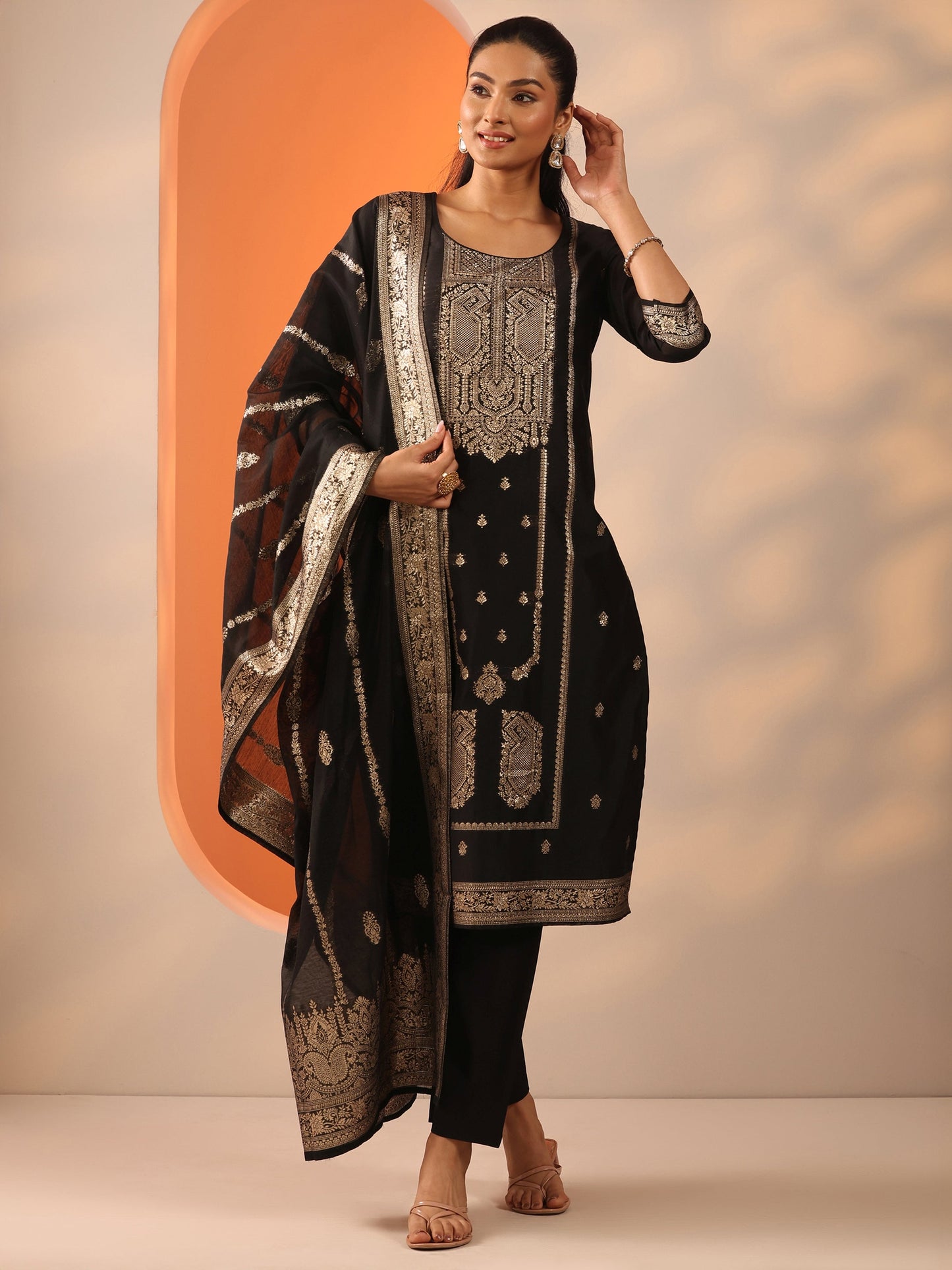Black Ethnic Motif Silk Blend Straight Suit Set With Dupatta