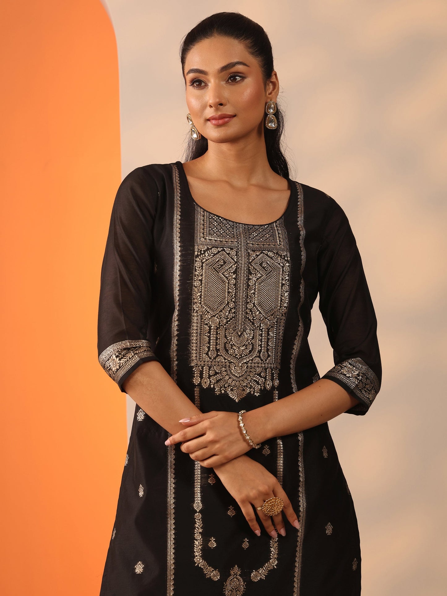 Black Ethnic Motif Silk Blend Straight Suit Set With Dupatta